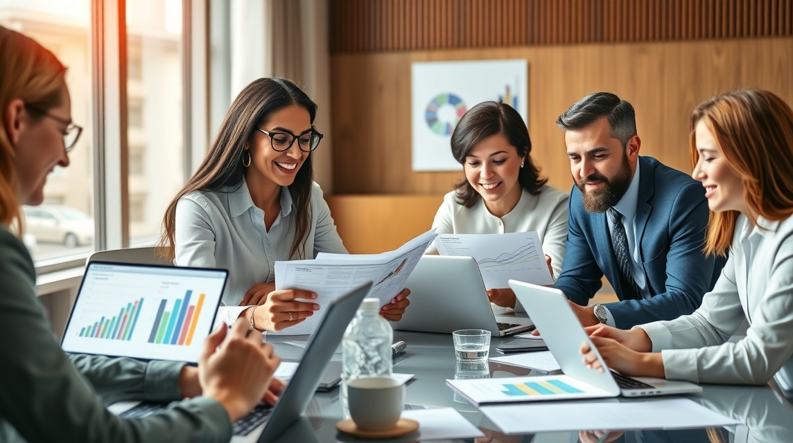 Skupina profesionálov diskutuje o prezentáciách a analýzach v kancelárii.