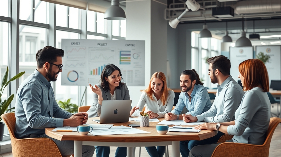 Skupina šiestich profesionálov diskutuje pri stole v modernom kancelárskom prostredí.