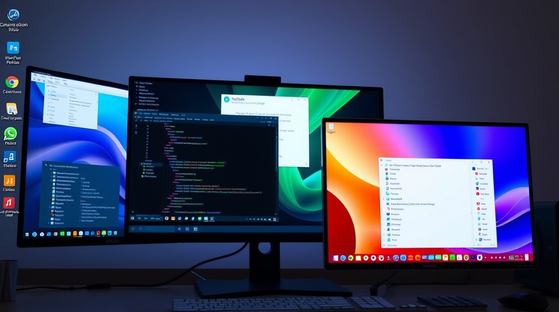 Tri monitory s rôznymi obrazovkami, vrátane kódu a systémových okien.