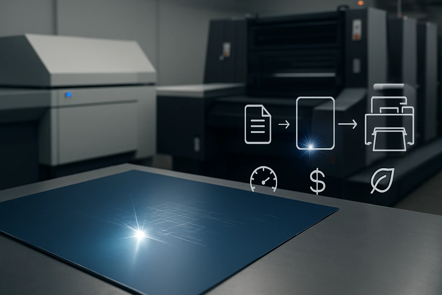 Na stole je modrý dokument s grafickými ikonami znázorňujúcimi proces tlače.