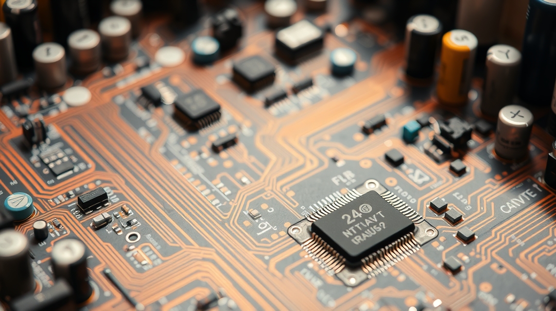 Detailný pohľad na elektronickú dosku s čipmi a súčiastkami.