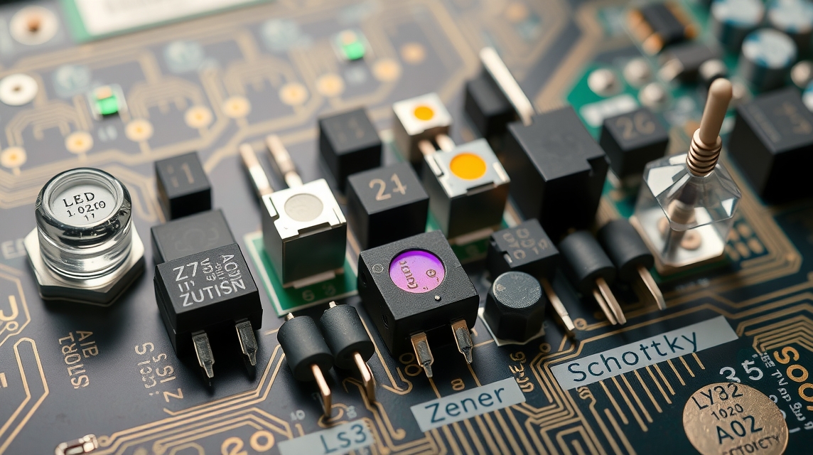 Detailný pohľad na elektronickú dosku s rôznymi súčiastkami a LED diódou.