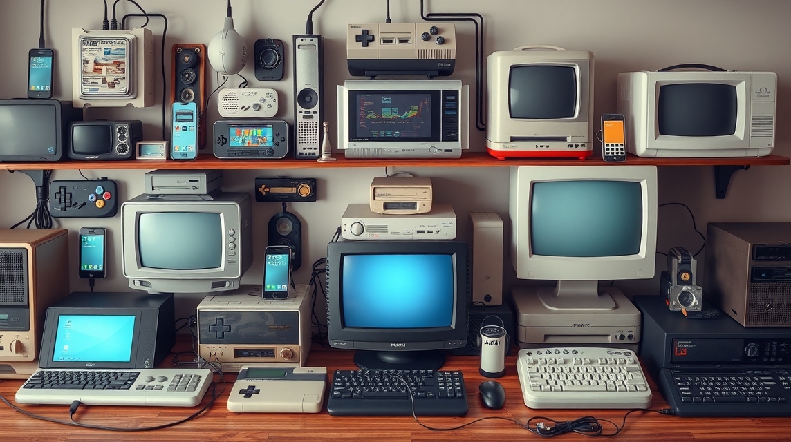 Rôzne staré a moderné elektronické zariadenia na policiach, vrátane počítačov a mobilných telefónov.