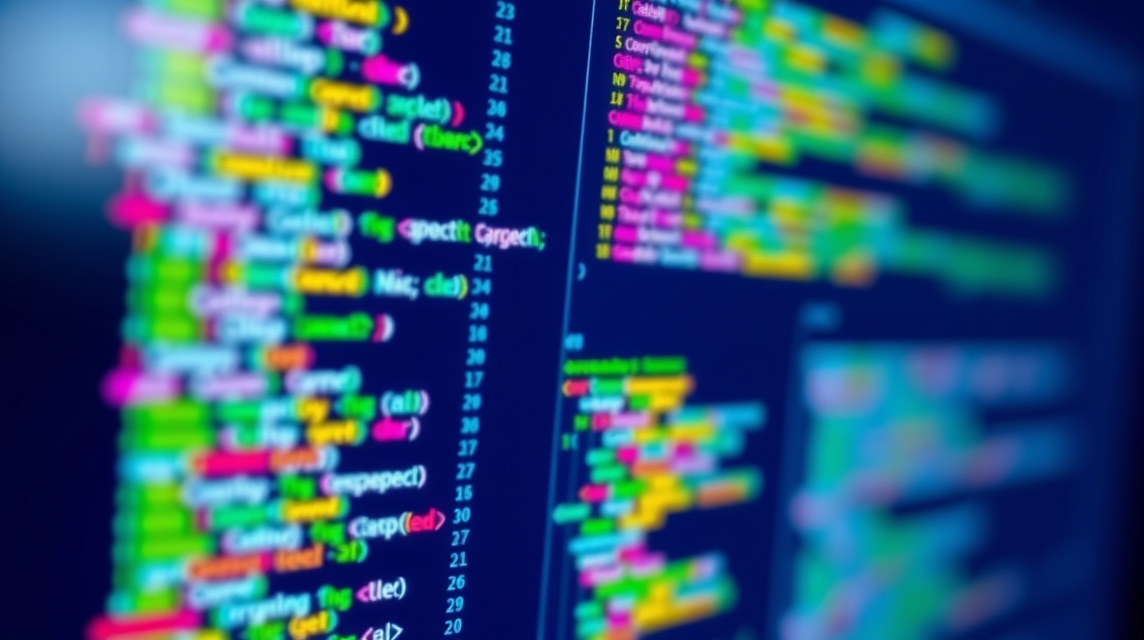 Zblízka zobrazený kód na obrazovke s farebnými syntaxami.