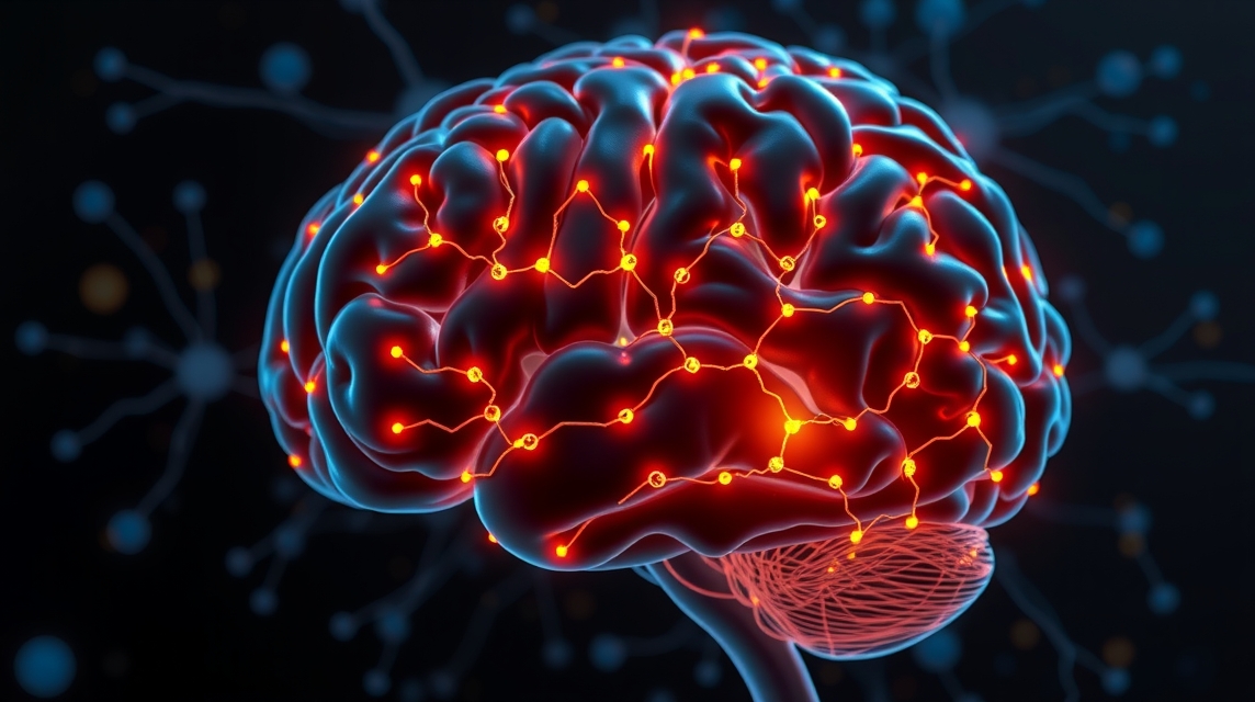 3D ábrázolás egy agyról, amelyen fénylő neuronok és kapcsolatok láthatók.