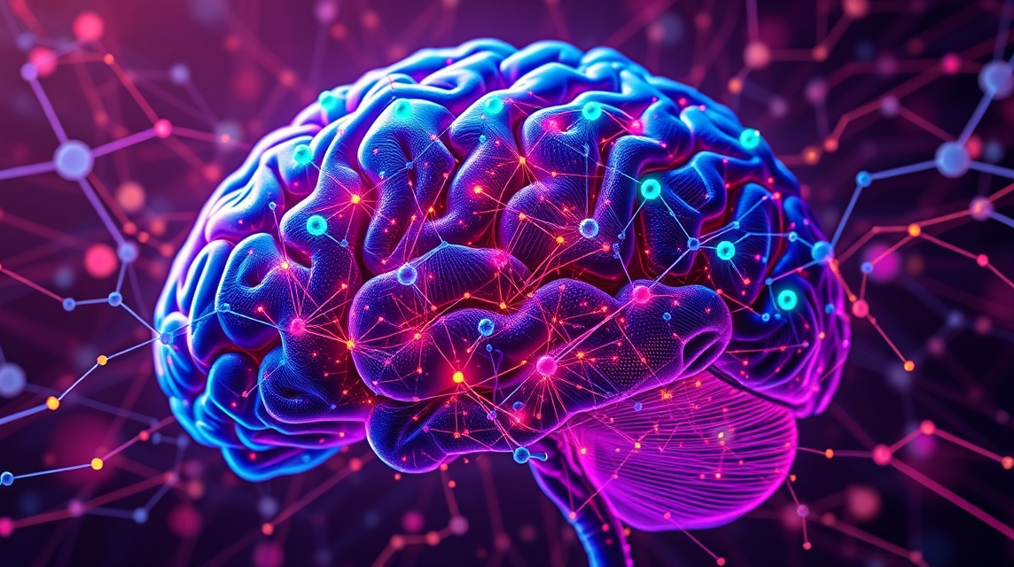 Ilustrácia mozgu, ktorý je zobrazený s farebnými neurónovými spojeniami.