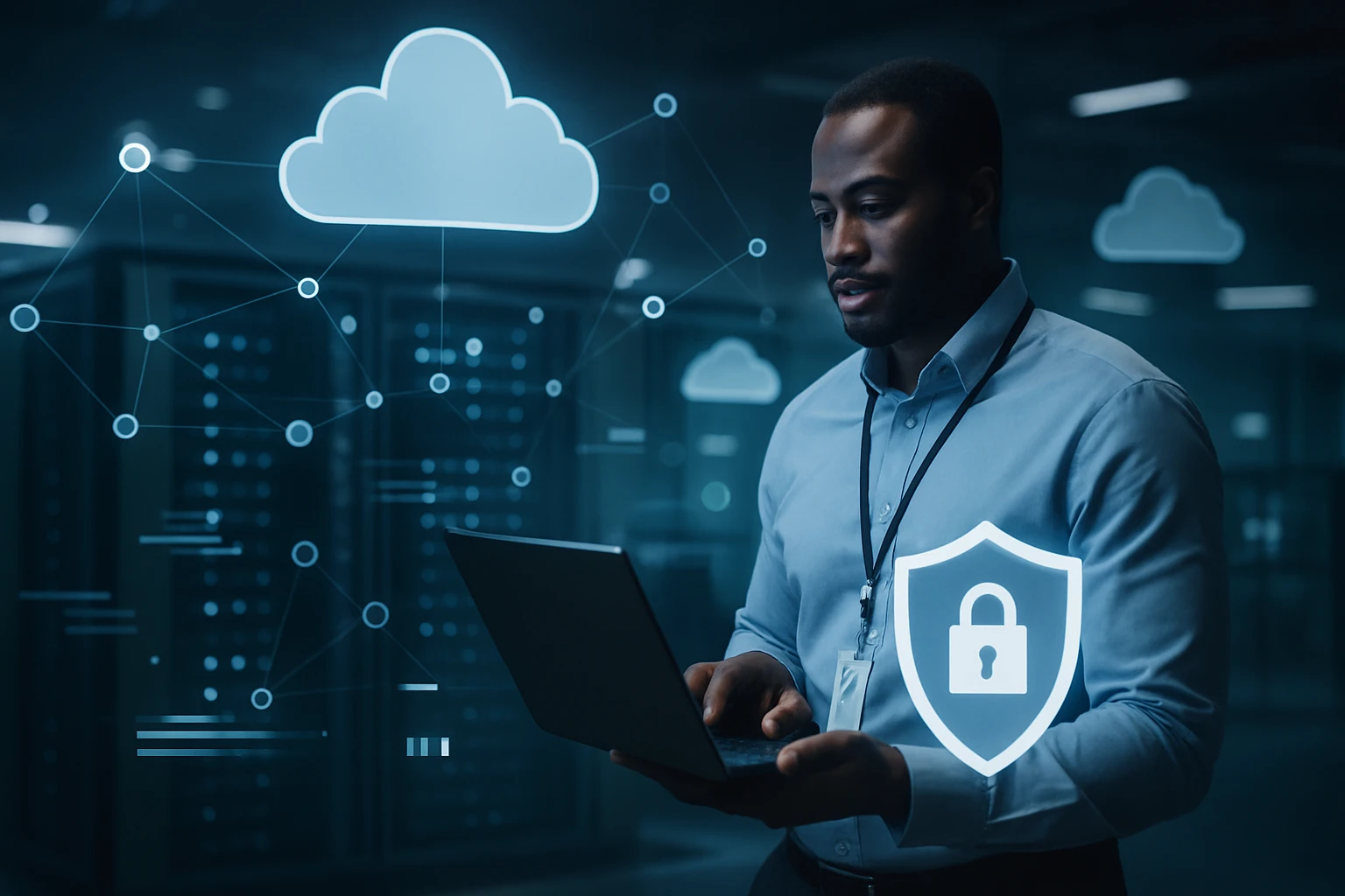 Muž pracuje na laptopu, miközben felhőalapú biztonsági rendszert figyel.