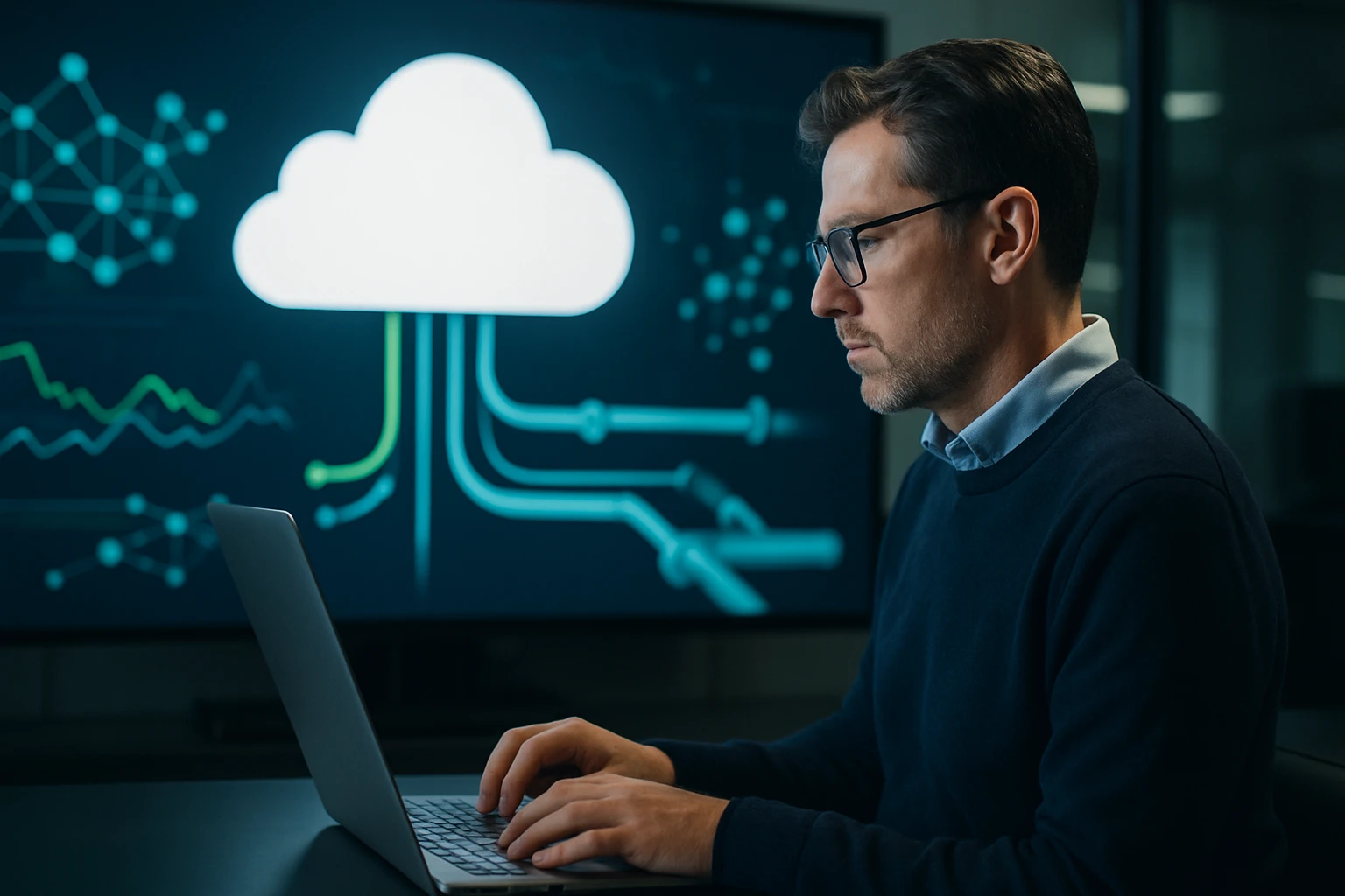 Muž pracuje na laptopu, háttérben felhőalapú technológia grafika.
