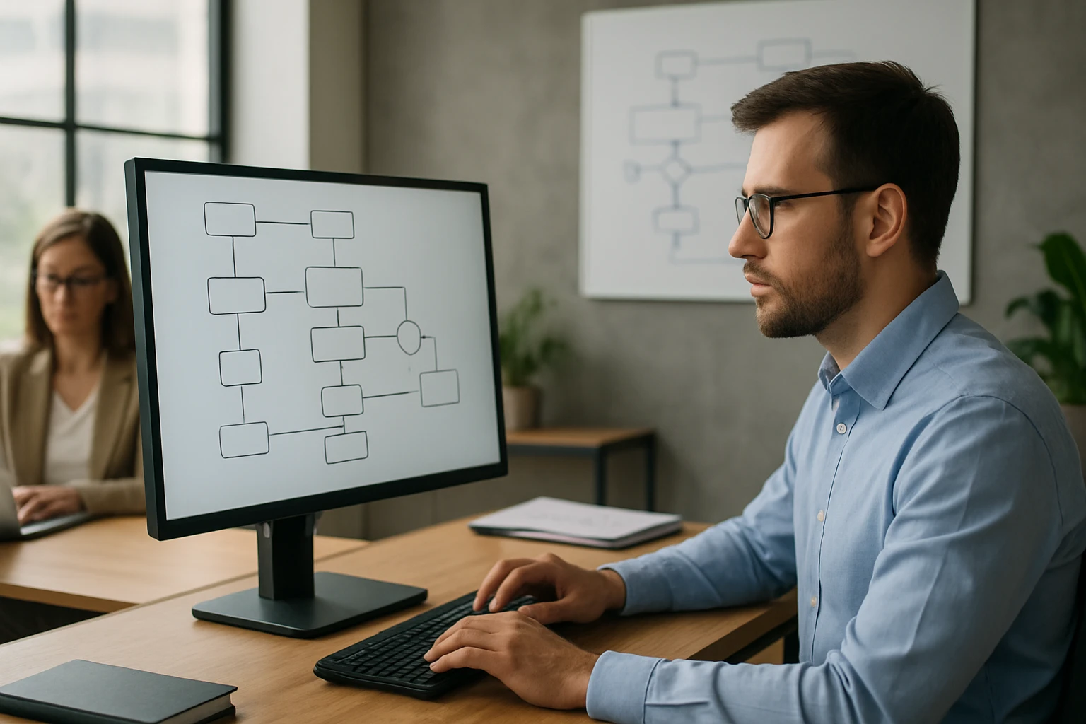 Muž pracuje na počítači, képernyőjén folyamatábra látható.