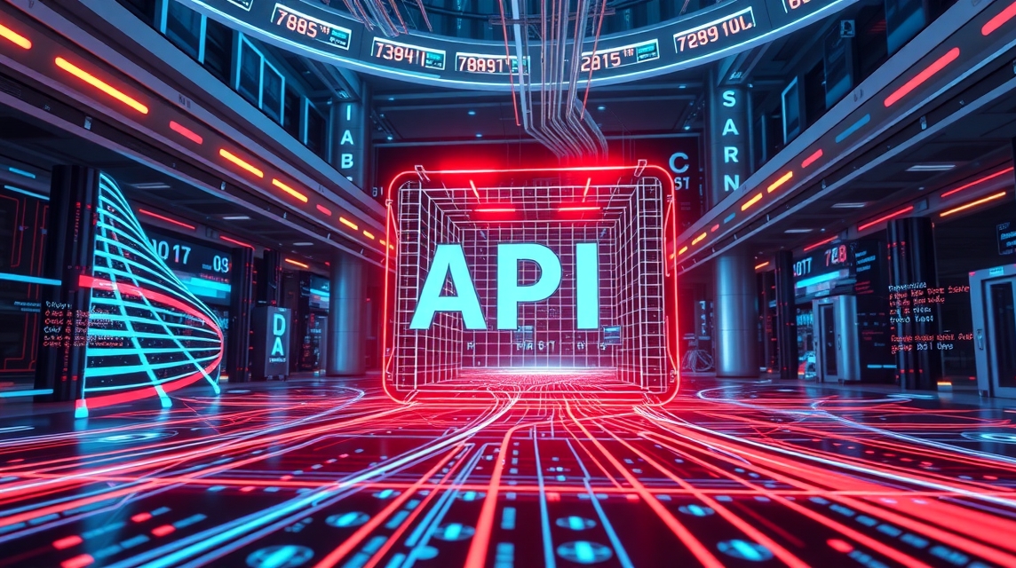 Moderná technológia s nápisom API v futuristickom prostredí s neonovými svetlami.