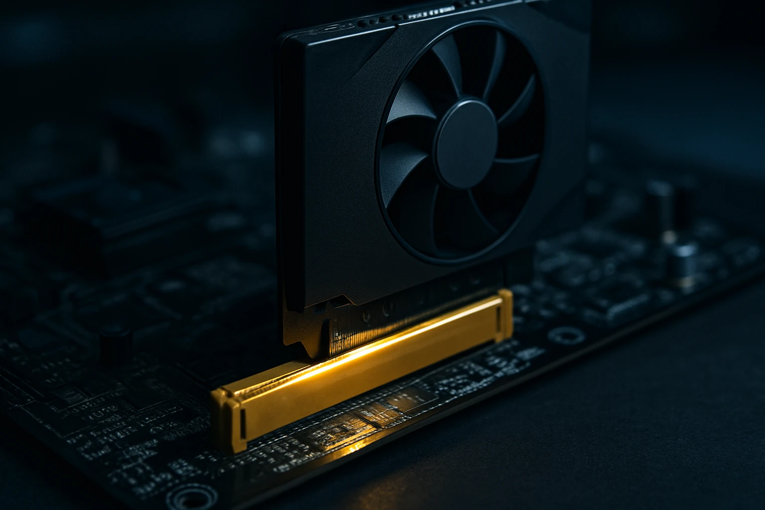 Detailný pohľad na grafickú kartu s ventilátorom a zlatým konektorom na základnej doske.