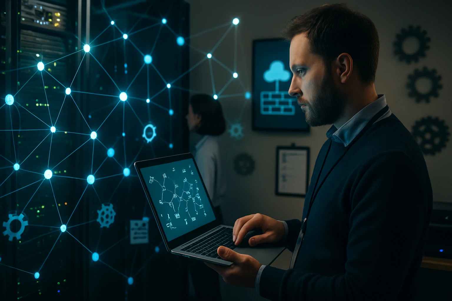 Muž pracuje na laptopu, miközben hálózati diagramokat néz egy szerverteremben.