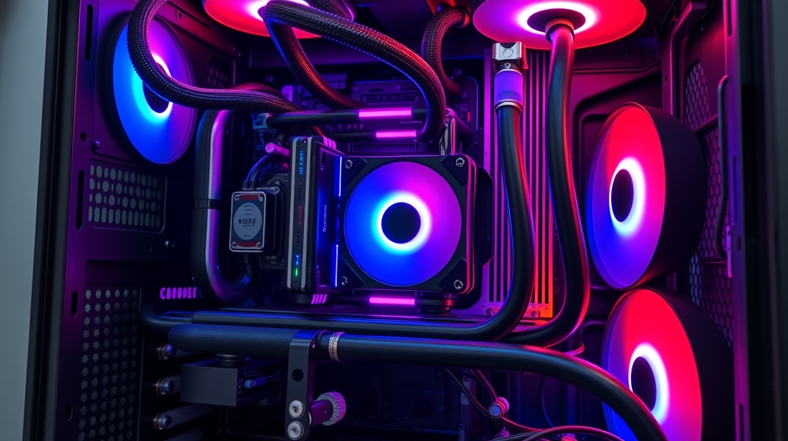 Moderný herný počítač s RGB osvetlením a vodným chladením.