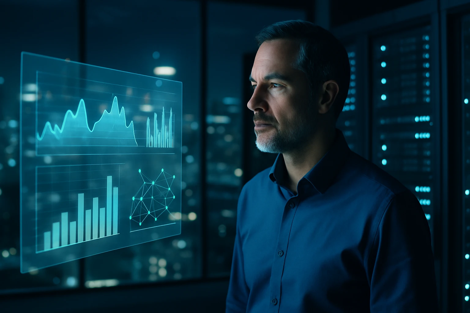 Muž sleduje holografické grafy a analýzy v modernom kancelárskom prostredí.