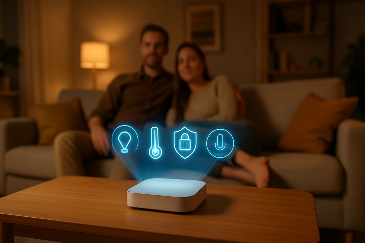 Pár relaxuje a holografikus ikonok jelennek meg egy asztalon.