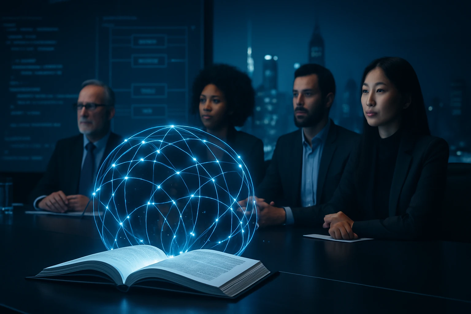 Skupina profesionálov sedí egy tárgyalóasztalnál, egy nyitott könyv és holografikus globusz előtt.