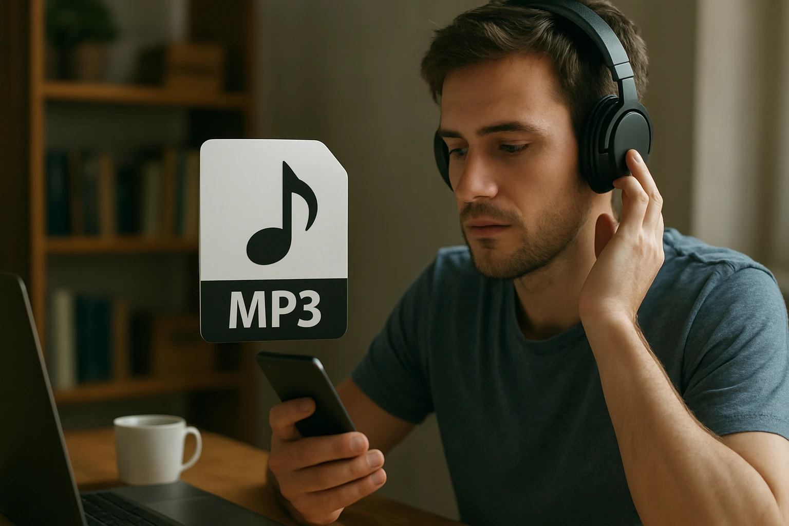 Mladý muž počúva hudbu cez slúchadlá a kontroluje mobilný telefón.