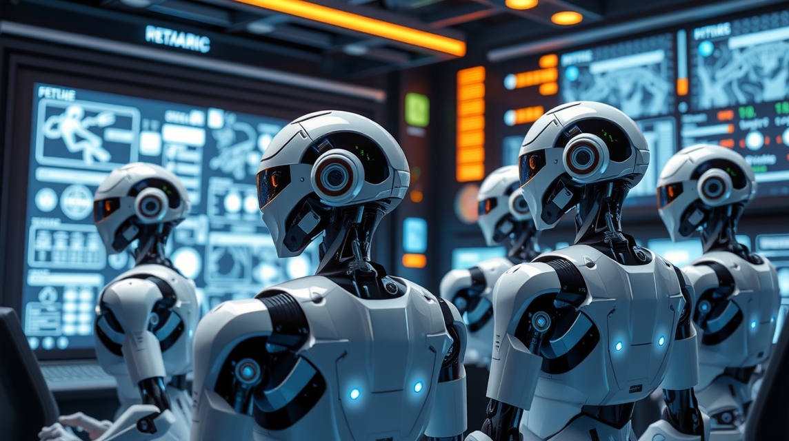 Skupina humanoidných robotov s moderným dizajnom pred obrazovkami s technickými údajmi.