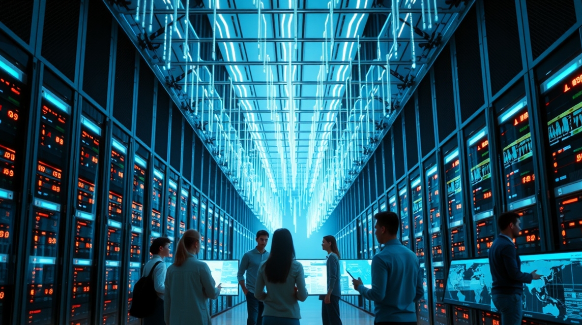 Skupina ľudí diskutuje v modernom dátovom centre s modrým osvetlením.