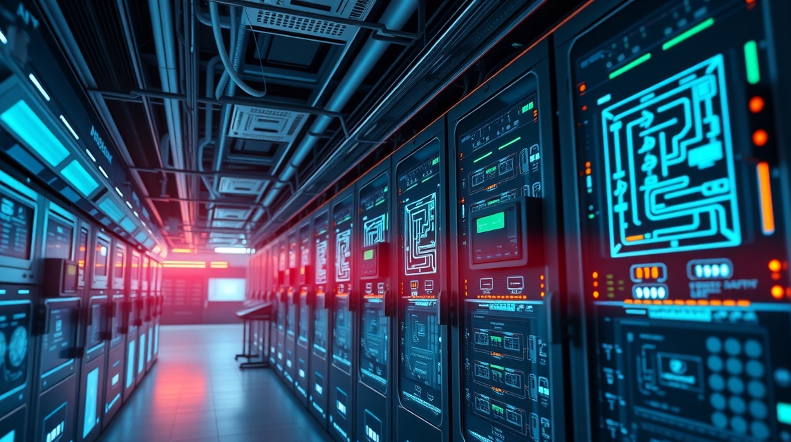 Moderný dátový centrá s osvetlením a technológiou na spracovanie dát.