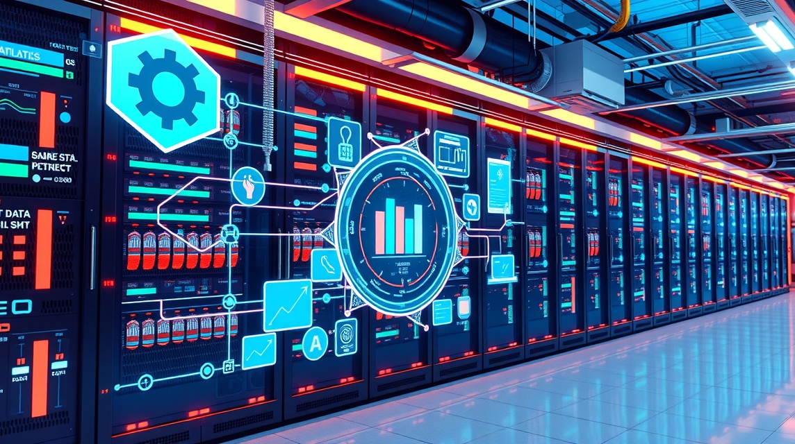 Moderný dátový centr s technológiou vizualizácie a analýzy údajov.