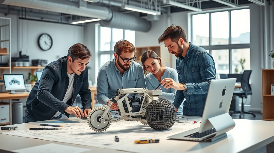Skupina štyroch mladých profesionálov pracuje na prototypu motocykla v modernom kancelárskom prostredí.