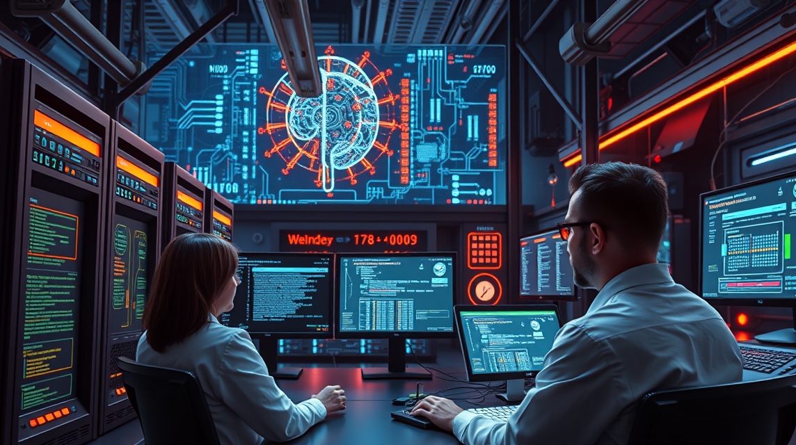 Dva vedci dolgozujú v modernom laboratóriu pred počítačmi s dátami a grafmi.