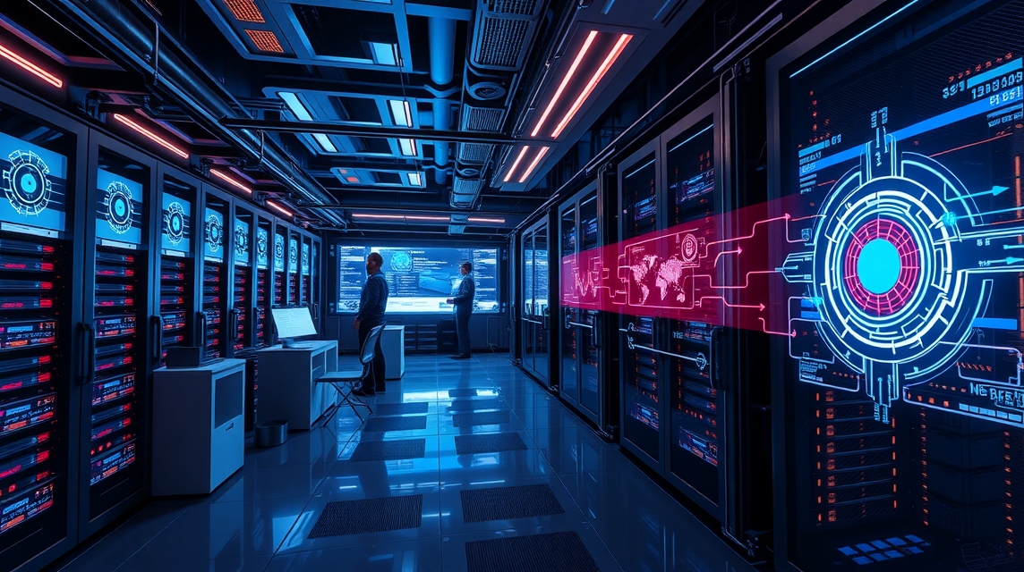 Moderná serverovňa s technológiou a monitormi, zobrazuje dáta a analýzy.