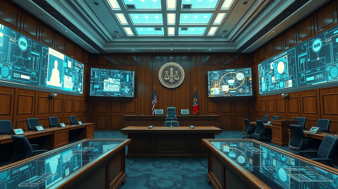 Moderná súdna sieň s digitálnymi obrazovkami a symbolom spravodlivosti.