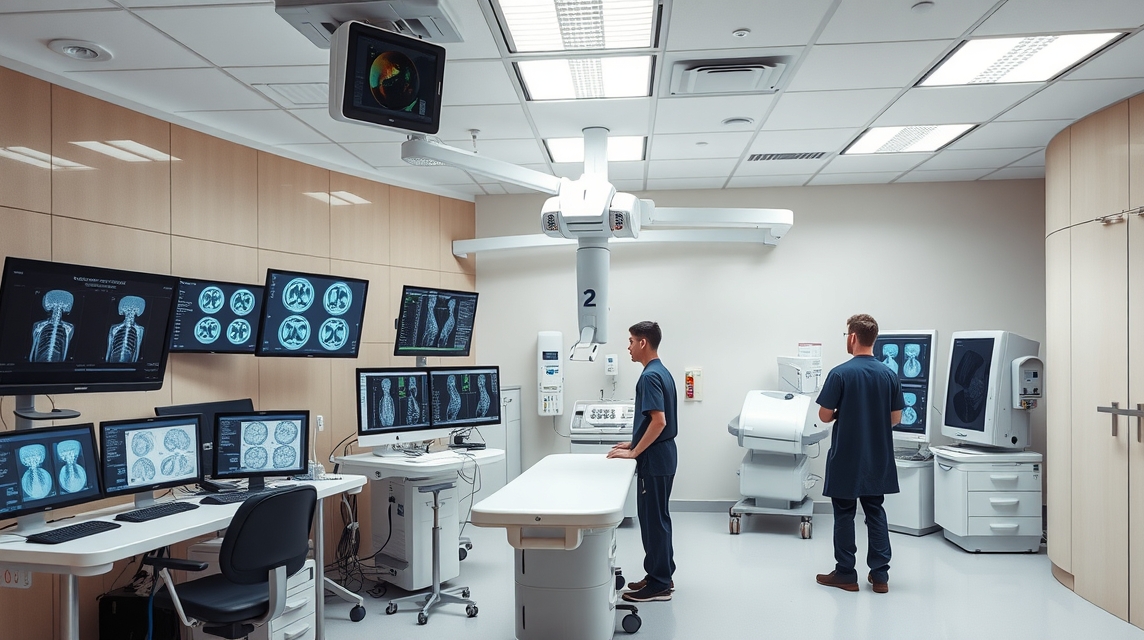 Moderná lekárska miestnosť s viacerými obrazovkami a prístrojmi na diagnostiku.