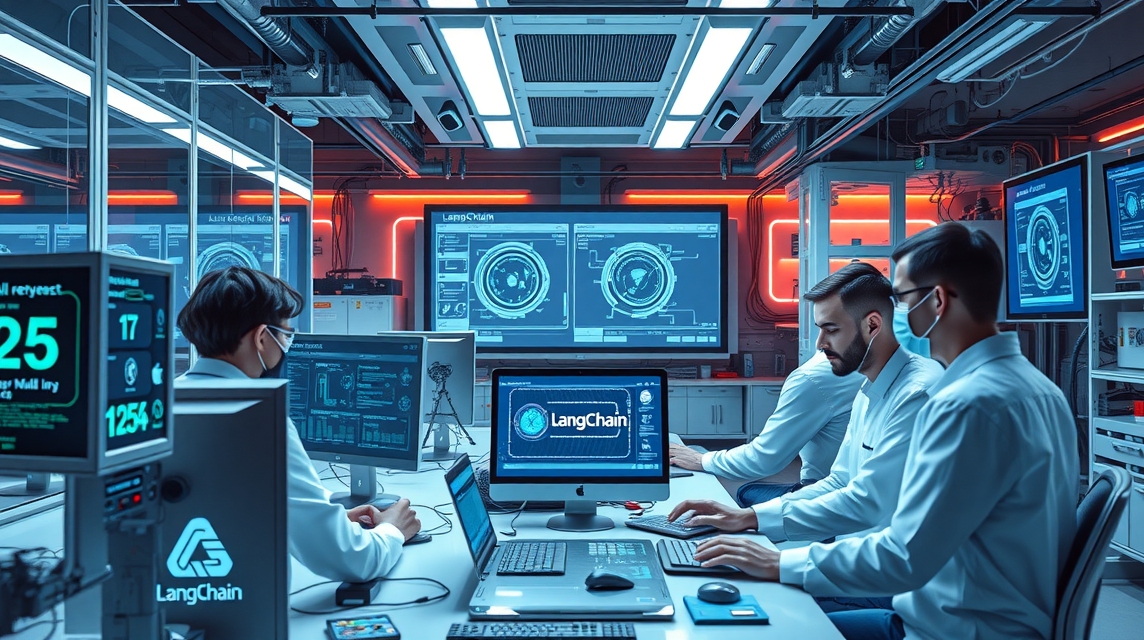 Trojica odborníkov pracuje v modernom laboratóriu s technológiou LangChain.