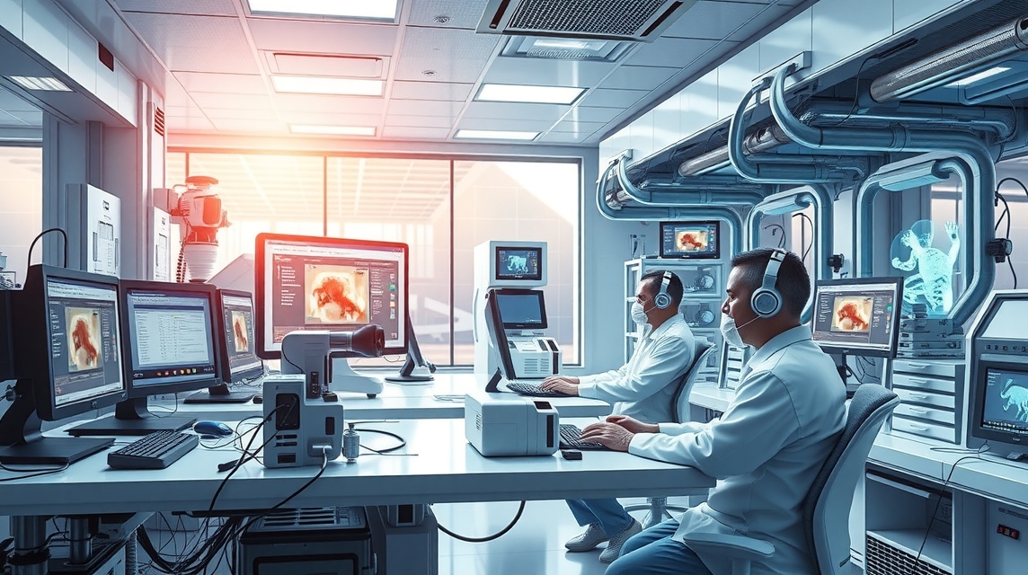 Dva vedci pracujúci v modernom laboratóriu s počítačmi a technológiou.