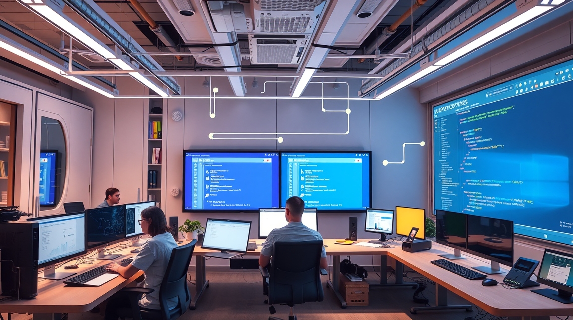 Moderná kancelária s viacerými počítačmi a obrazovkami, zamestnanci pracujúci na projektoch.