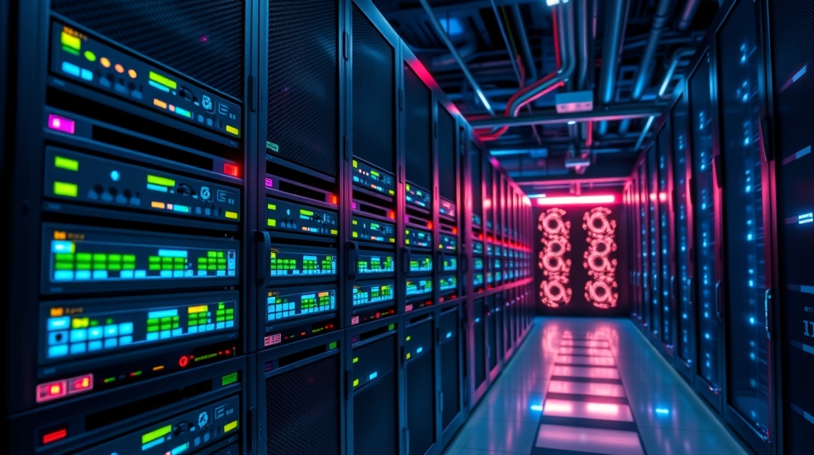 Moderný serverový priestor s osvetlením a technológiou na spracovanie dát.