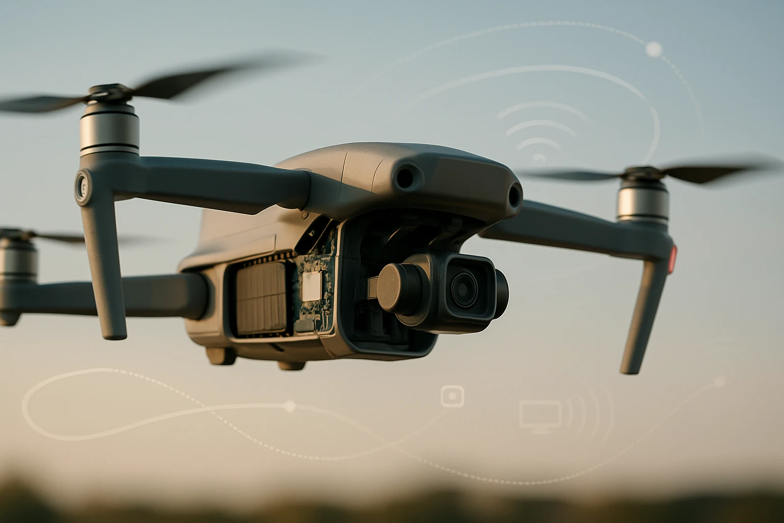 Dron s kamerou v lete, pozadí s jemným svetlom a technickými prvkami.