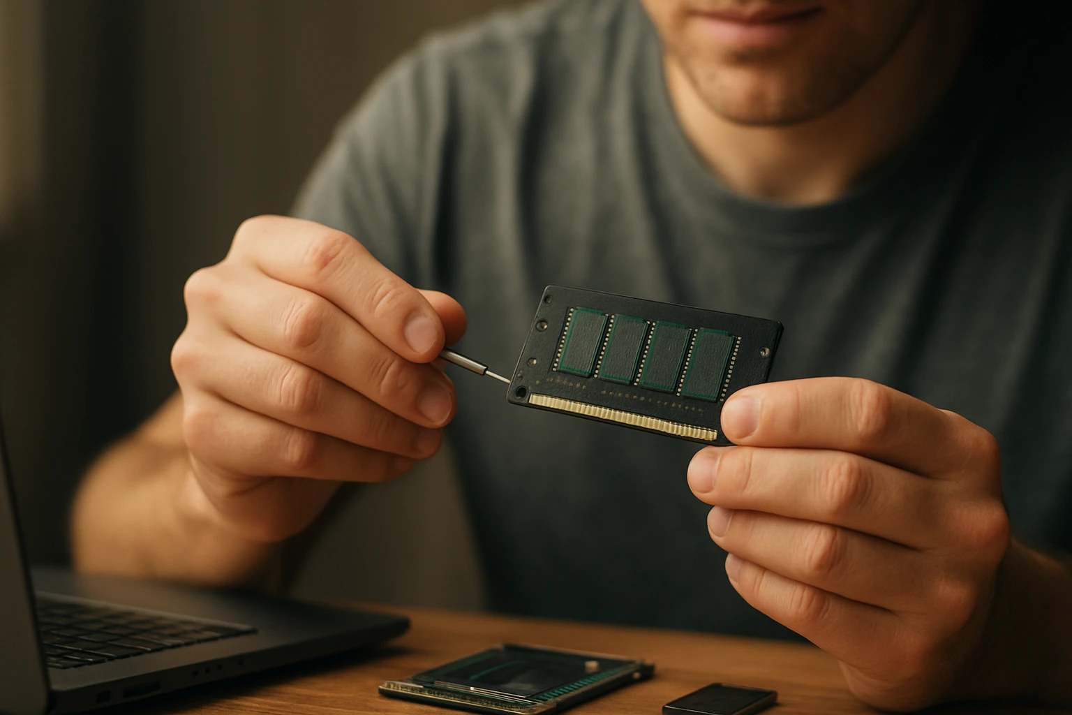 Muž drží pamäťový modul RAM a nástroje na jeho inštaláciu pri počítači.