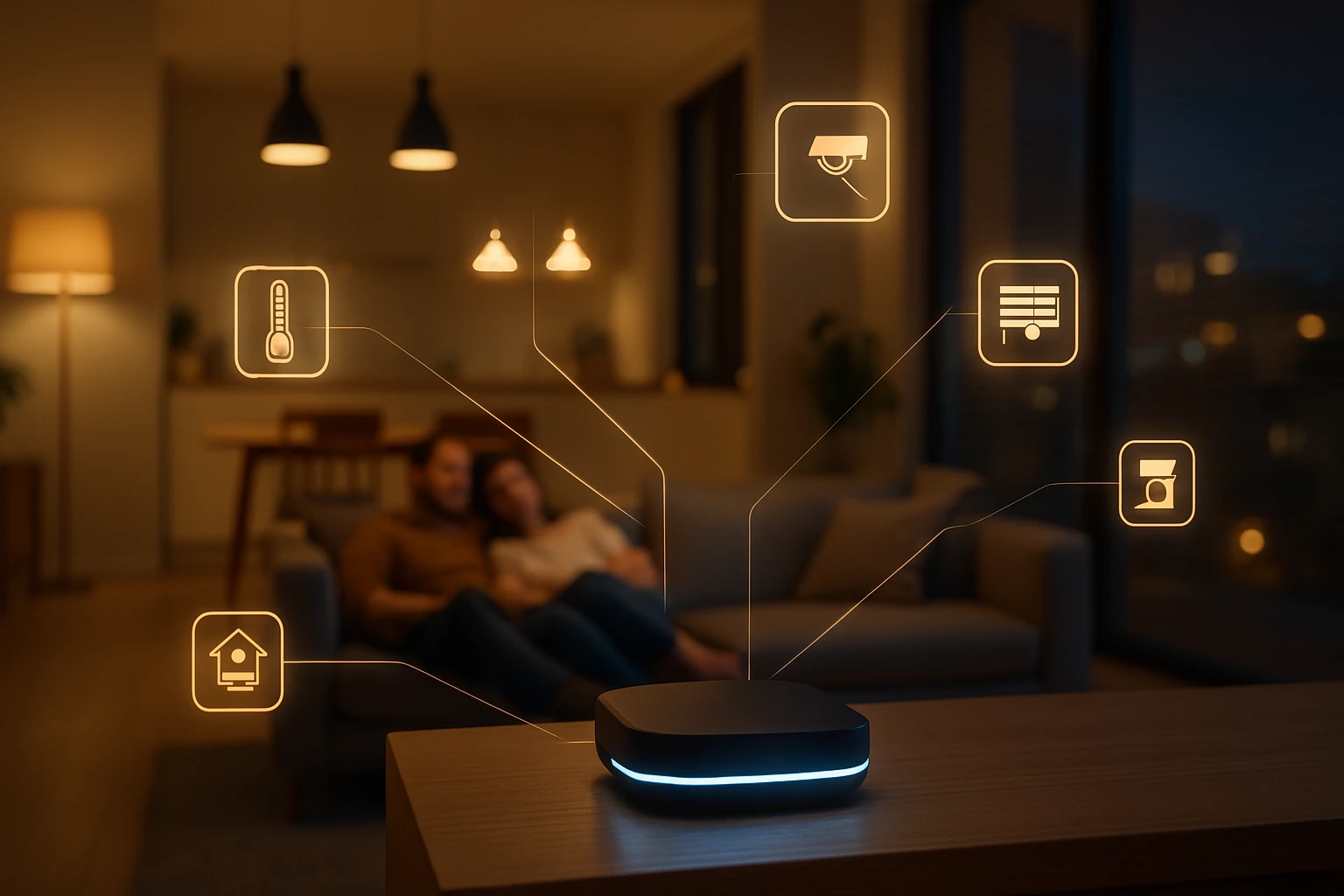 Inteligentné zariadenie s ikonami pre rôzne funkcie v obývačke.