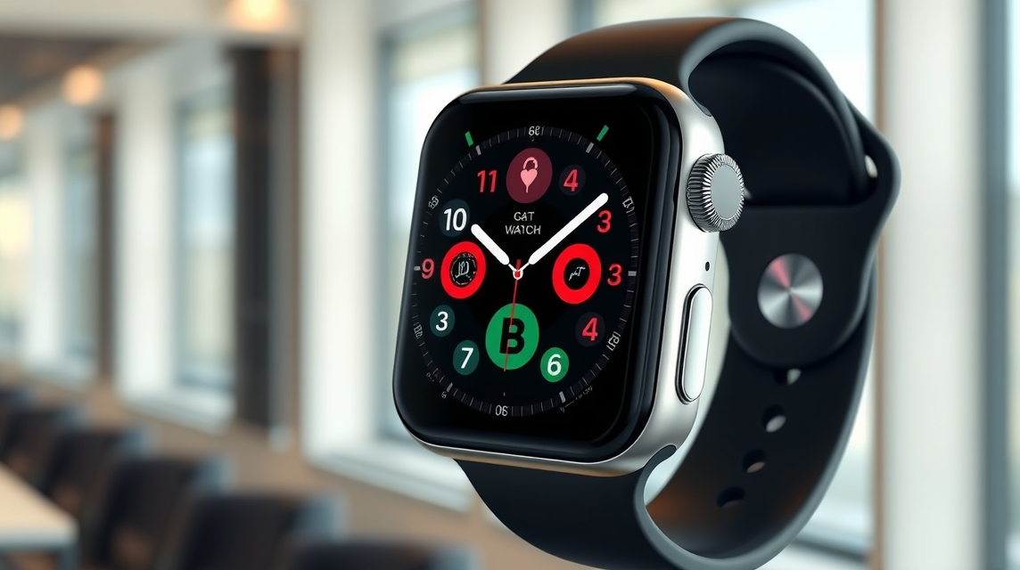 Moderný smartfón s čiernym remienkom a farebným ciferníkom na stole.