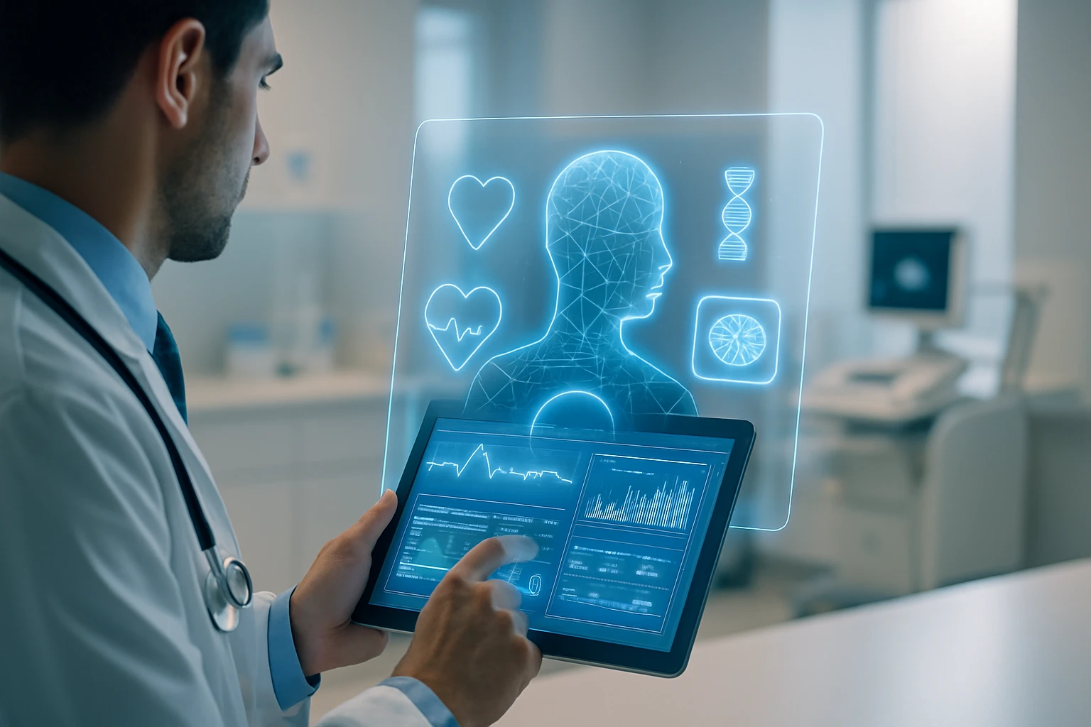 Lekár interaktív táblázatot használ, amelyen egészségügyi adatok láthatók.