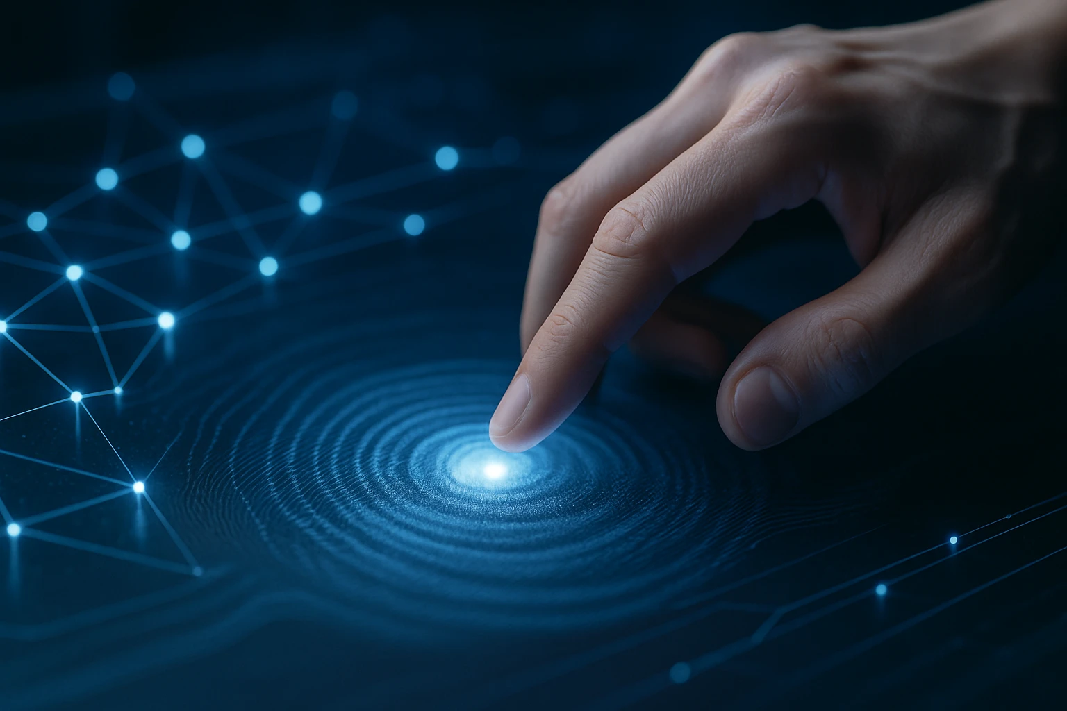 Ruka sa dotýka modrého, fénylő, körkörös mintázatú povrchu.