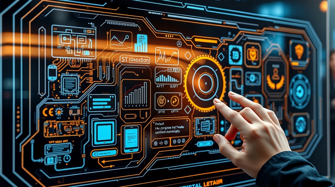 Ruka ovláda interaktívny displej s grafmi a technickými údajmi.