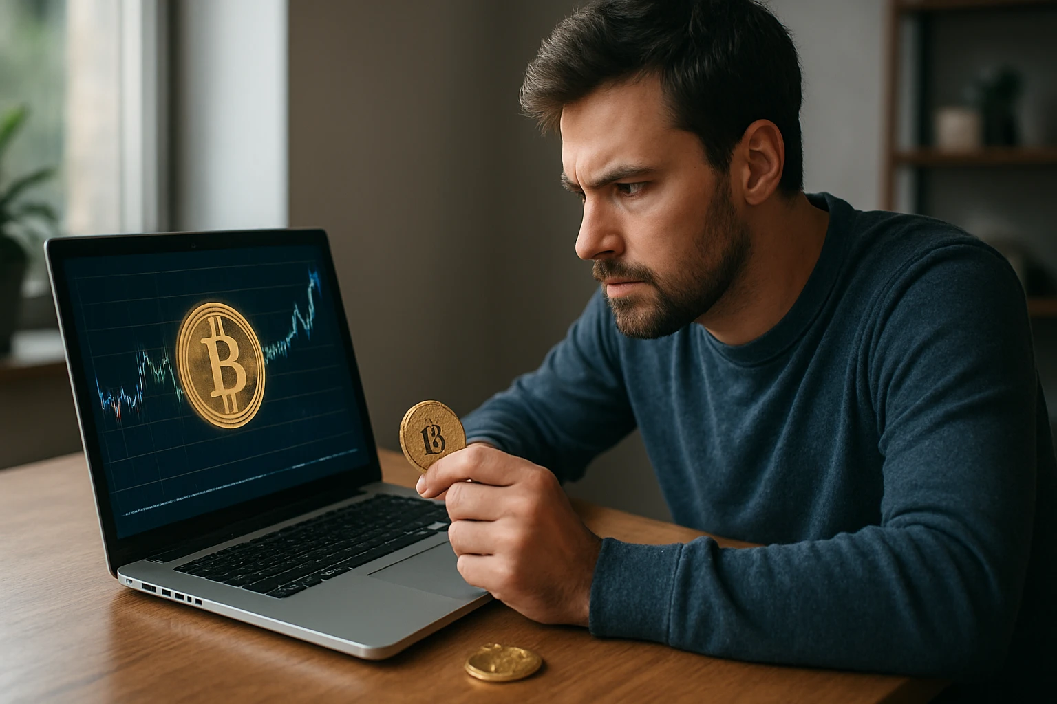 Muž sleduje graf bitcoinovej ceny na laptopu, v ruke drží zlatú mincu.