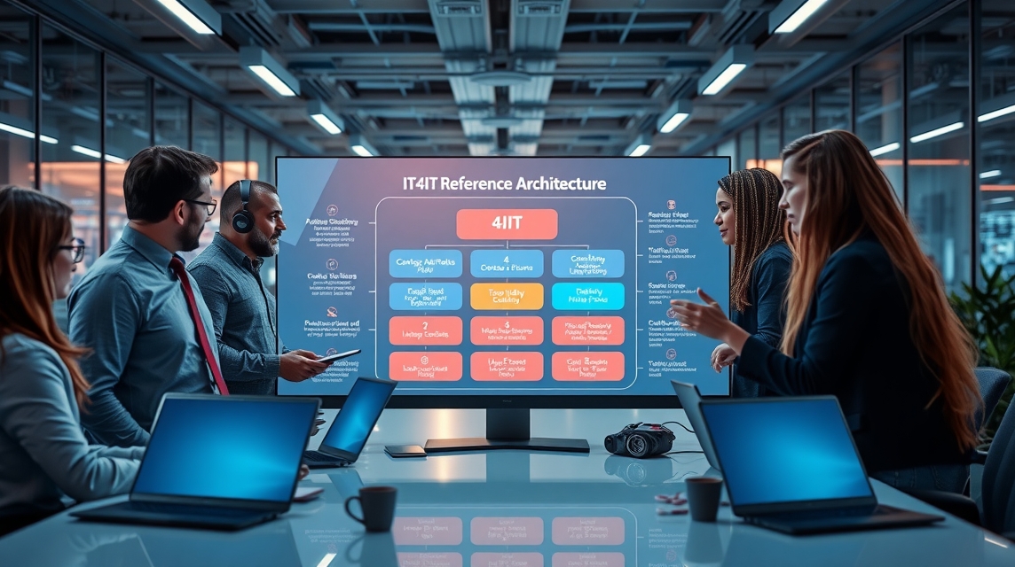Skupina profesionálov diskutuje egy IT4IT referencia architektúrával foglalkozó prezentáción.