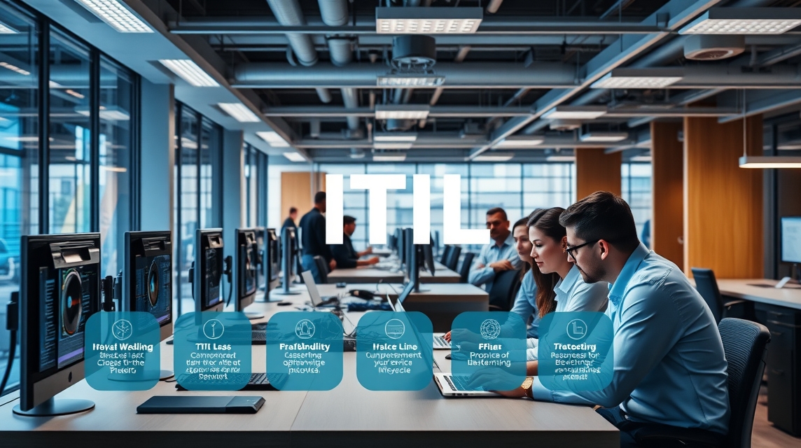 Skupina profesionálov pracuje számítógépeken egy modern irodában, ITIL témában.