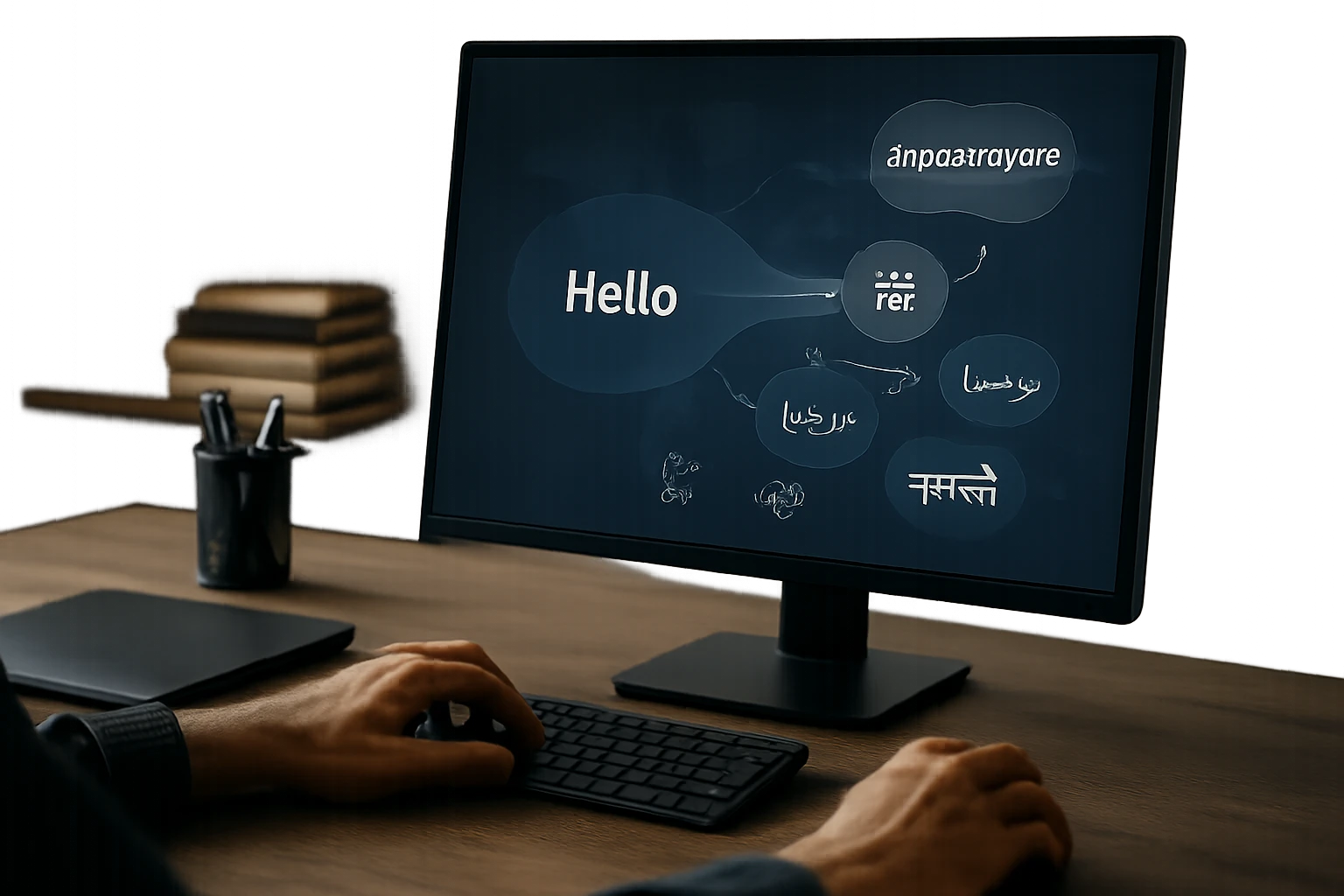 Osoba sedí pred počítačom, na obrazovke sú rôzne jazyky a slovo 'Hello'.