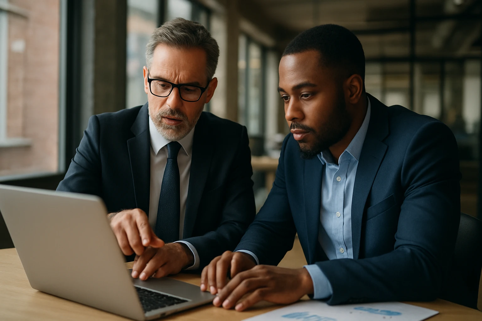 Dva muži, oblečení v oblekoch, diskutujú pri laptopu v kancelárii.
