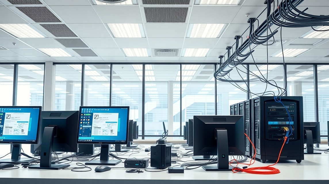Moderná kancelária s počítačmi a servermi, usporiadané káble.