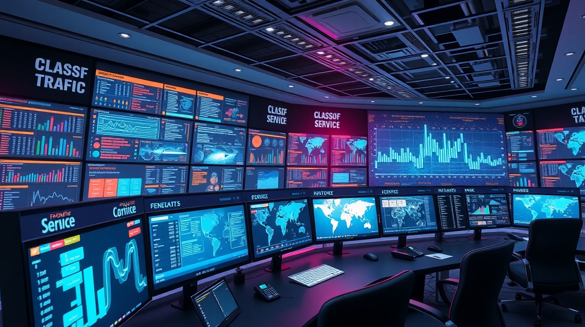 Moderná kontrolná miestnosť s viacerými obrazovkami a grafmi.