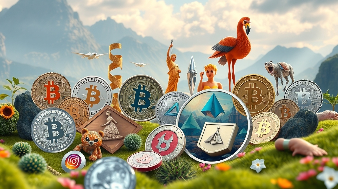 Rôzne kryptomeny a symboly v prírodnom prostredí s figúrkami a zvieratami.