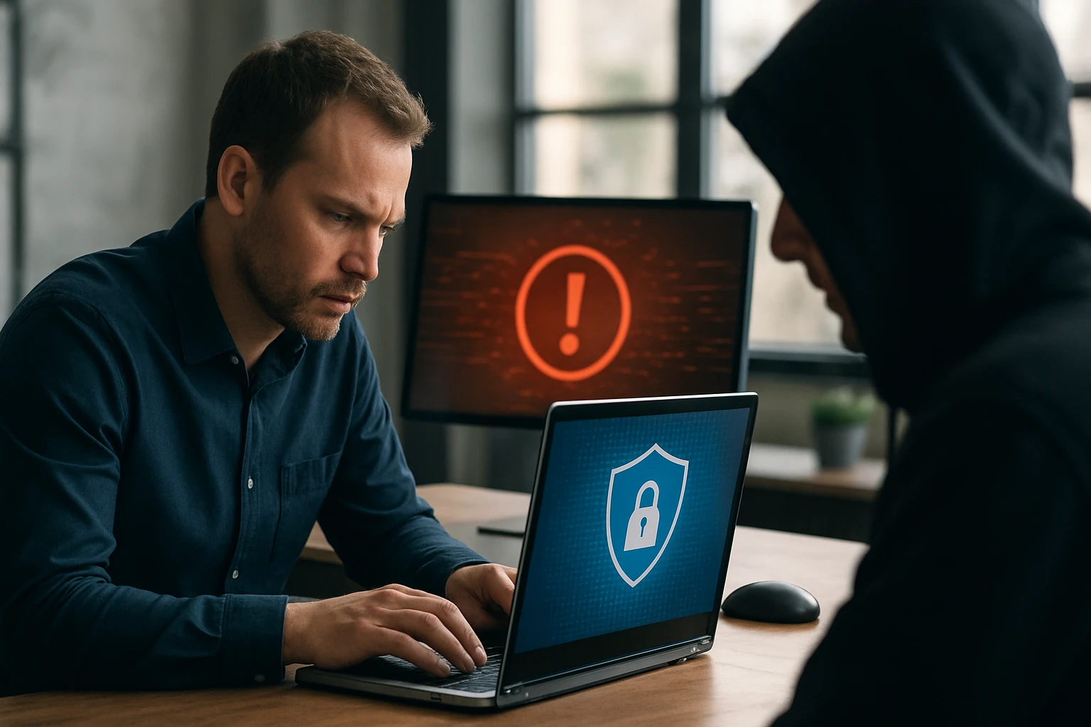 Muž pracuje na laptopu, zatímco za ním je postava v kapuci.